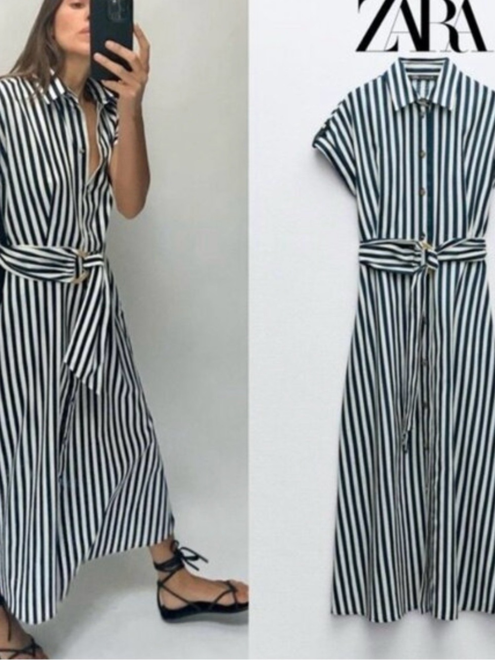 ZARA Striped Linen Blend Belted Midi Dress – Blue/White, Size L